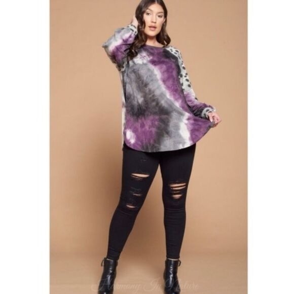 Womens Plus Size Top Purple Tie-Dye Leopard Print Long Sleeve by Emerald - Picture 9 of 12
